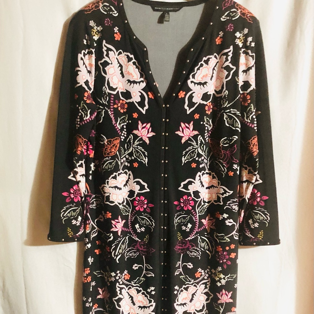 White House Black Market Floral Midi Dress Metal Bead Career Date Night Slimming